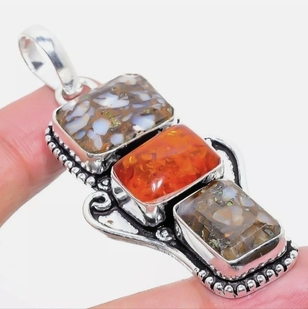 New Rock Fossil and Amber 925 Silver Pendant.